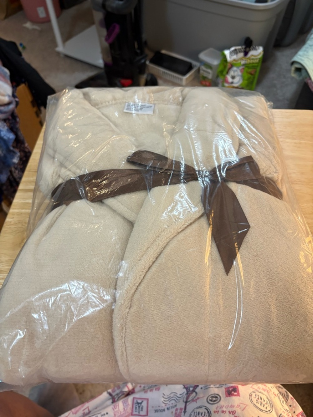 Plush Cream Bathrobe with Brown Tie one size fits most shawl collar ? MIDI lengt